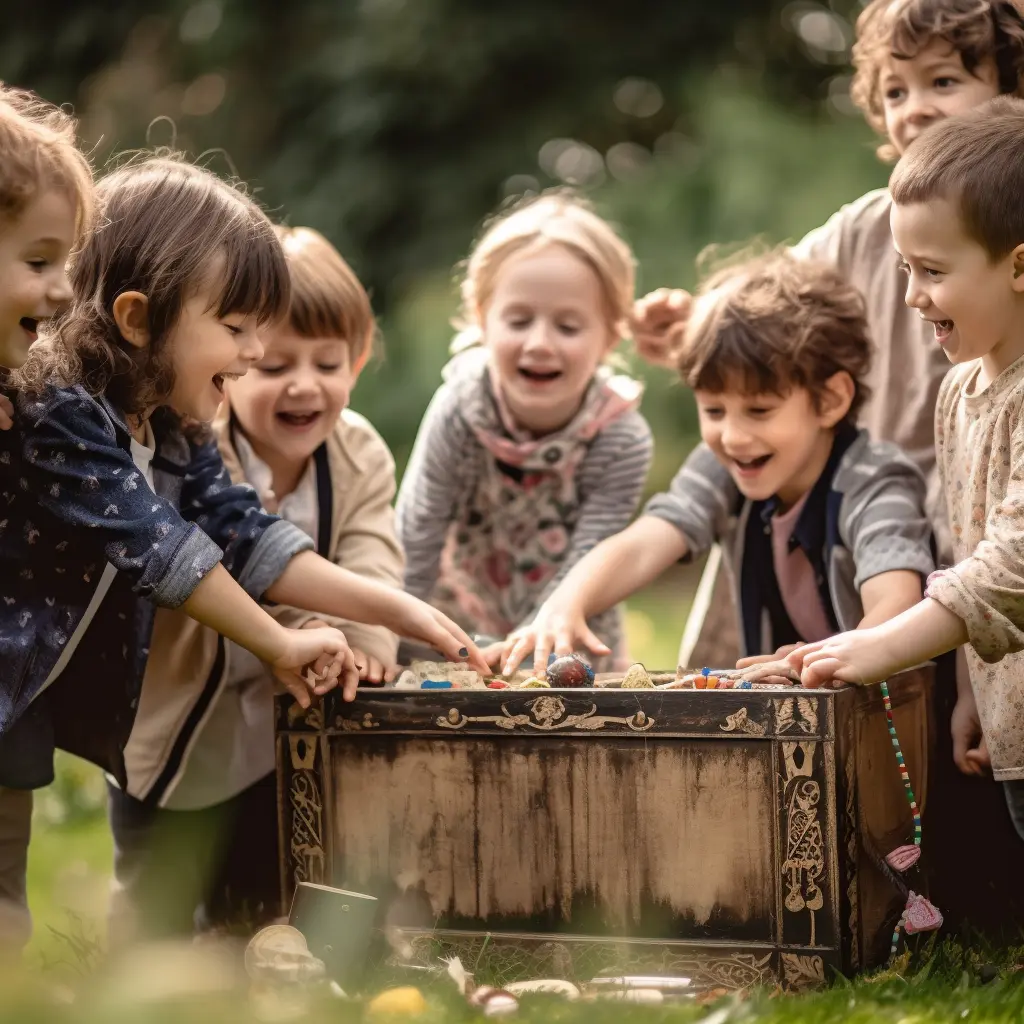 Auf dem Bild ist eine Gruppe glücklicher Kinder zu sehen, die sich im Freien um eine alte, verzierte Truhe versammelt haben. Die Kinder lachen und zeigen auf die Truhe, was darauf hindeutet, dass sie vielleicht gerade einen Schatz gefunden haben oder ein aufregendes Rätsel lösen. Die Szene spielt im Freien, in einem Garten, und die Kinder sind in spielerische Entdeckung und Freude vertieft. Es ist ein Bild, das Neugier und die Freuden der Kinder einfängt und verdeutlich, dass das Escape-Garden-Abenteuers Spaß macht.