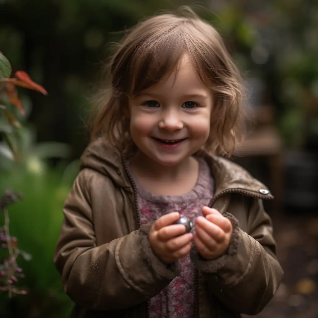 Das Bild zeigt ein lächelndes Kind, das draußen steht und etwas Kleines und Glänzendes in den Händen hält. Das Kind sieht glücklich und zufrieden aus über diesen Fund. Der Hintergrund ist unscharf, aber es scheint, als ob sich das Kind in einem Garten oder einer natürlichen Umgebung befindet. Das warme Lächeln und die aufgeweckte Ausstrahlung des Kindes vermitteln ein Gefühl von Freude und Entdeckergeist.