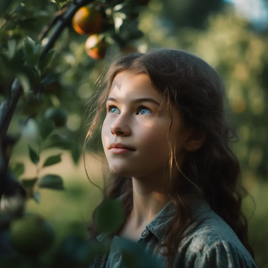Auf diesem Bild ist ein junges Mädchen zu sehen, das nachdenklich und träumerisch in die Ferne blickt. Sie steht unter einem Baum, der reifende Äpfel trägt. Das natürliche Licht fällt sanft auf ihr Gesicht und betont ihre jugendlichen Züge und die ruhige Ausstrahlung. Die Szene strahlt Ruhe und eine Verbindung zur Natur aus. Mit ruhigem Blick und guter Beobachtungsgabe scheint sie einer Rätsellösung auf der Spur zu sein.
