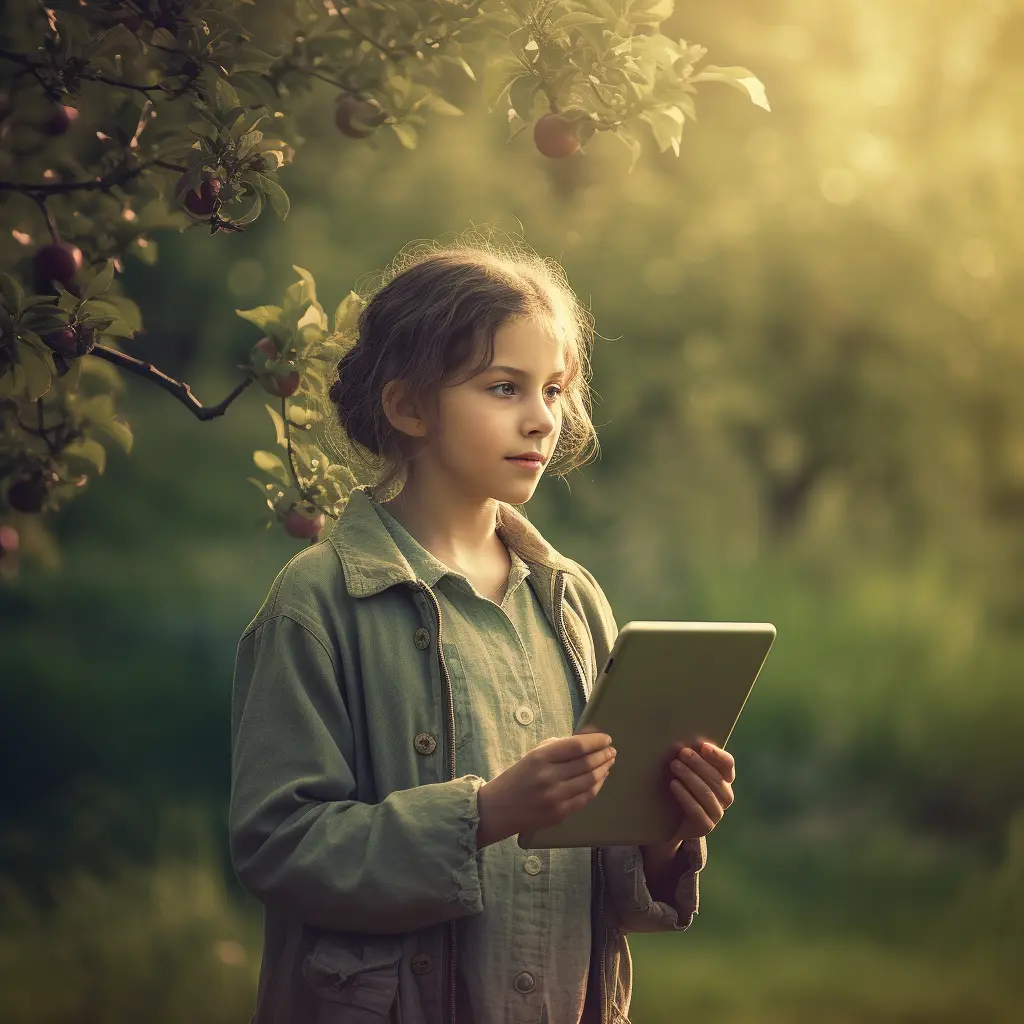 Auf dem Bild ist ein junges Mädchen zu sehen, das ein Tablet hält und auf etwas außerhalb des Bildes zu blicken scheint. Sie steht unter einem Apfelbaum, der reich mit Früchten behangen ist. Das Licht, das durch die Blätter des Baumes fällt, schafft eine warme, goldene Atmosphäre um sie herum. Das Mädchen wirkt nachdenklich und konzentriert, als ob sie das Tablet entweder für eine Bildungsaufgabe oder zur Navigation in einer Art Spiel oder interaktiven Aktivität nutzt.