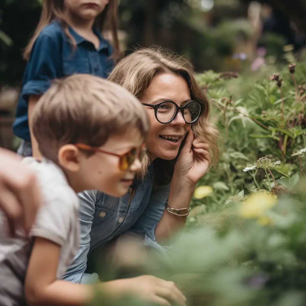Das Bild zeigt eine Erwachsene und zwei Kinder, die in einem Garten oder einer natürlichen Umgebung sind. Die erwachsene Frau, hat eine Brille auf und lächelt, während sie sich zu einem der Kinder neigt, das ebenfalls eine Brille trägt. Sie scheinen sich etwas im Garten anzusehen oder auf etwas zu achten, das außerhalb des Bildes liegt. Ein drittes Kind steht im Hintergrund und schaut in die gleiche Richtung. Es ist eine Szene, die Neugier und gemeinsame Entdeckung ausdrückt.