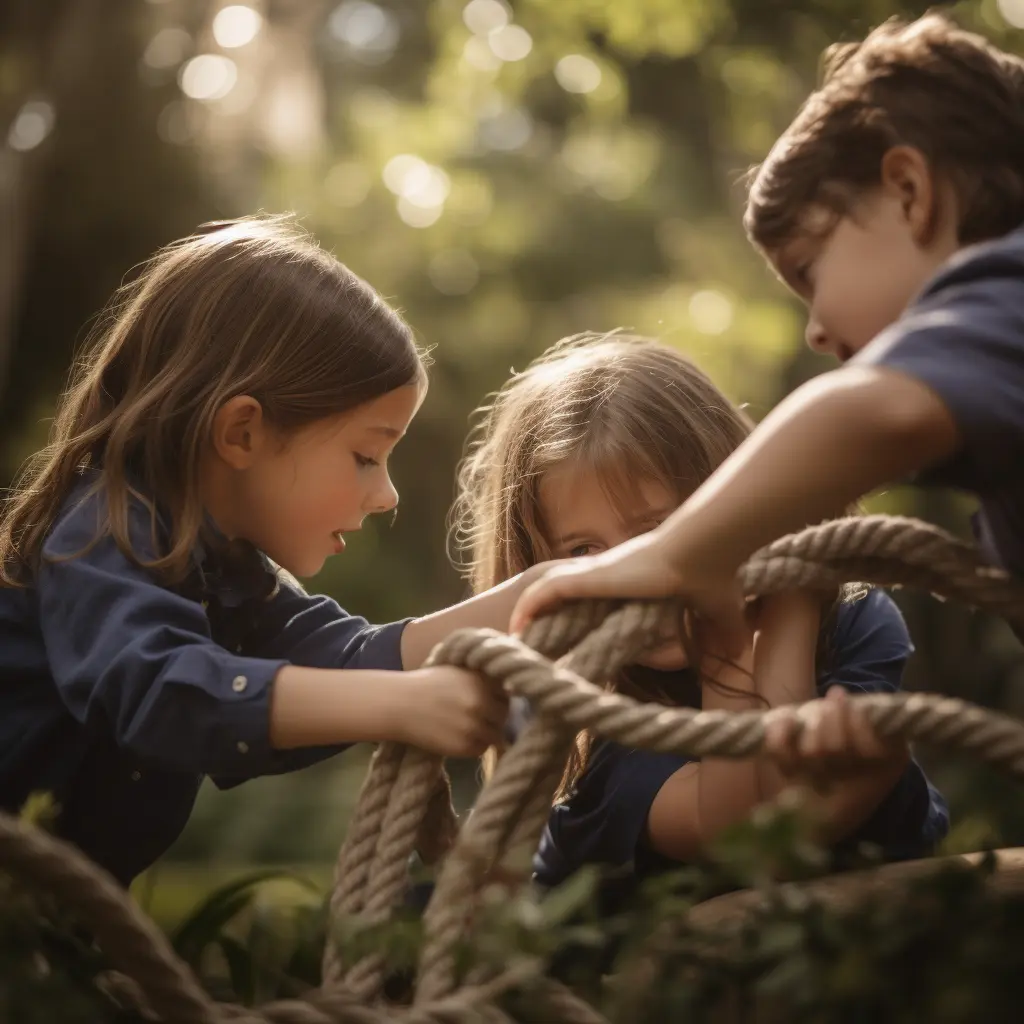 Das Bild zeigt drei Kinder, die im Freien bei Tageslicht an einem großen Seil hantieren. Sie arbeiten zusammen im Rahmen einer Übung, die Koordination und Teamarbeit erfordert. Das Umfeld ist in der Natur und Teil des Escape-Garden-Rätselabenteuer. Die Kinder sind konzentriert und interagieren miteinander, was auf den kooperativen Aspekt des Rätsel-Gartens darstellt.